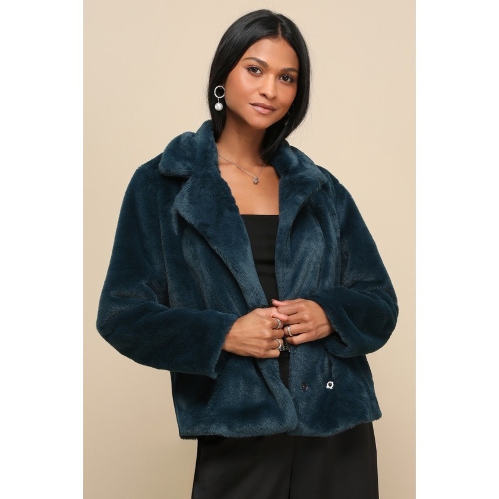 Lulus Seasonal Poise Teal Faux Fur Collared Jacket Blue - Size S